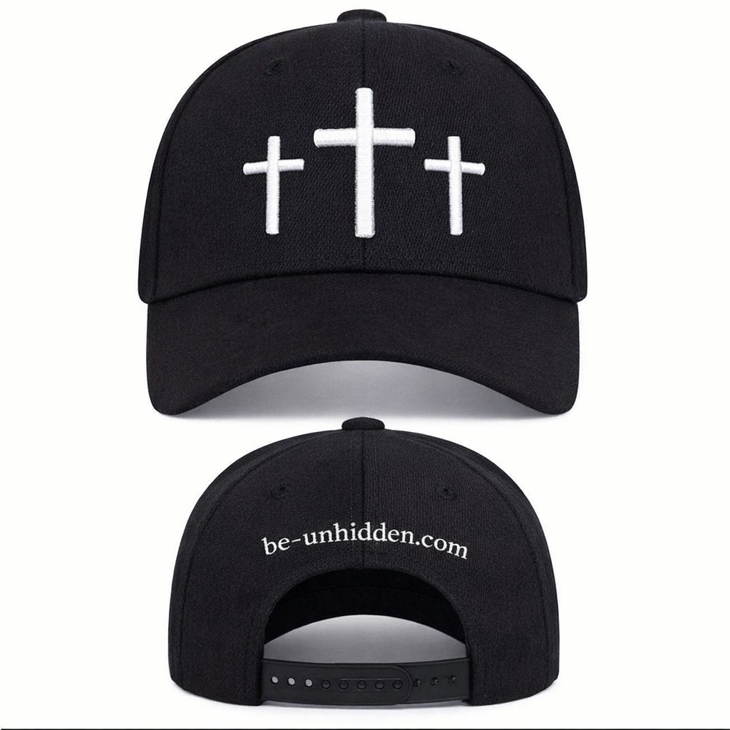 Unhidden Three Cross Cap — black baseball cap with three white embroidered crosses